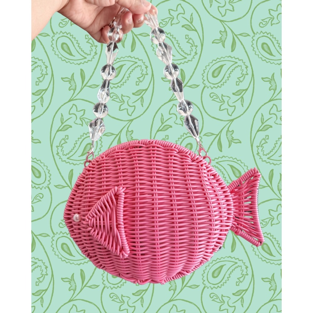 Tommy Bahama Pink Fish Wicker Bag Crossbody Acrylic Bead Handle Woven Viral NWOT